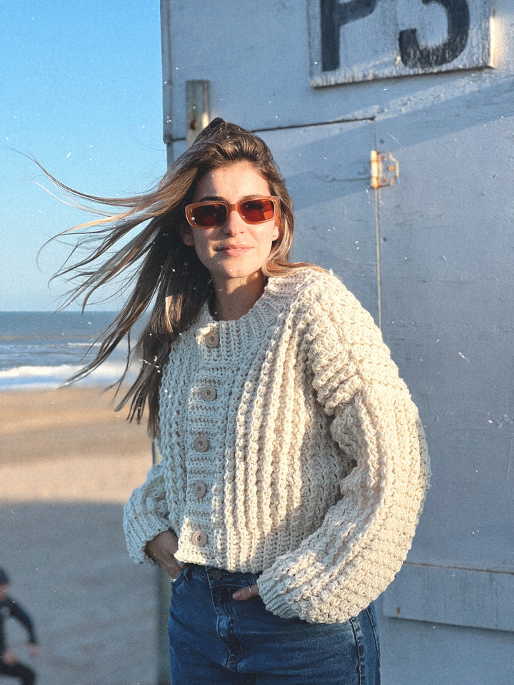 Curso online de crochet- Cómo tejer una prenda básica a crochet lena de textura-  Cárdigan Federica + Patrón Sweater Federica