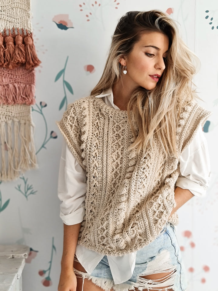 Guía de Tejido a crochet: Cómo tejer un chaleco a partir de una textura imitación al tricot-  tejido vertical- Chaleco Malva